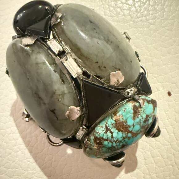VINTAGE IRADJ MOINI AMETHYST LABRADORITE TURQUOISE NECKLACE BUG BROOCH - Picture 7 of 9